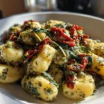 A close-up serving of Creamy Pesto Gnocchi tossed with vibrant green pesto and bright red sun-dried tomatoes in a white bowl.