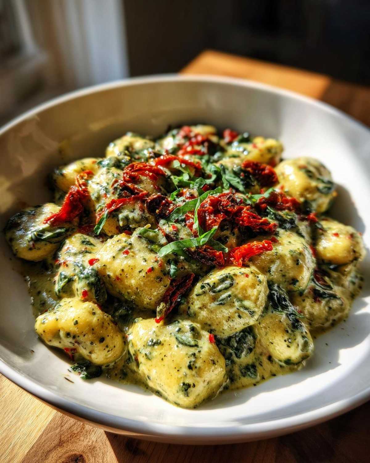 Close-up of delicious Creamy Pesto Gnocchi coated in sauce, topped with sun-dried tomatoes and fresh basil.