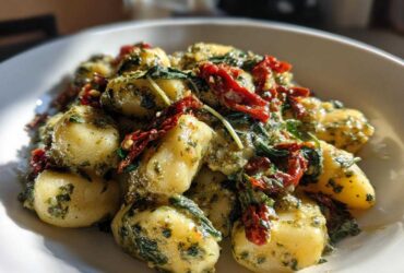 A close-up serving of Creamy Pesto Gnocchi tossed with vibrant green pesto and bright red sun-dried tomatoes in a white bowl.