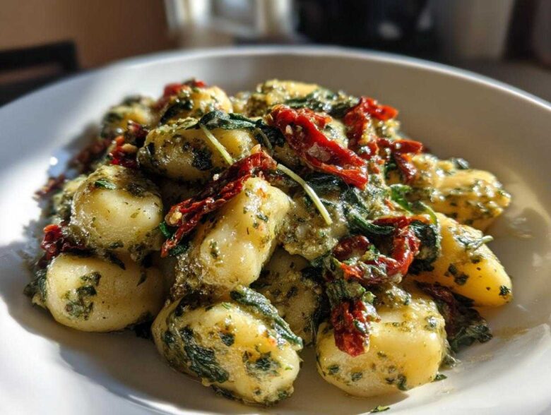 A close-up serving of Creamy Pesto Gnocchi tossed with vibrant green pesto and bright red sun-dried tomatoes in a white bowl.