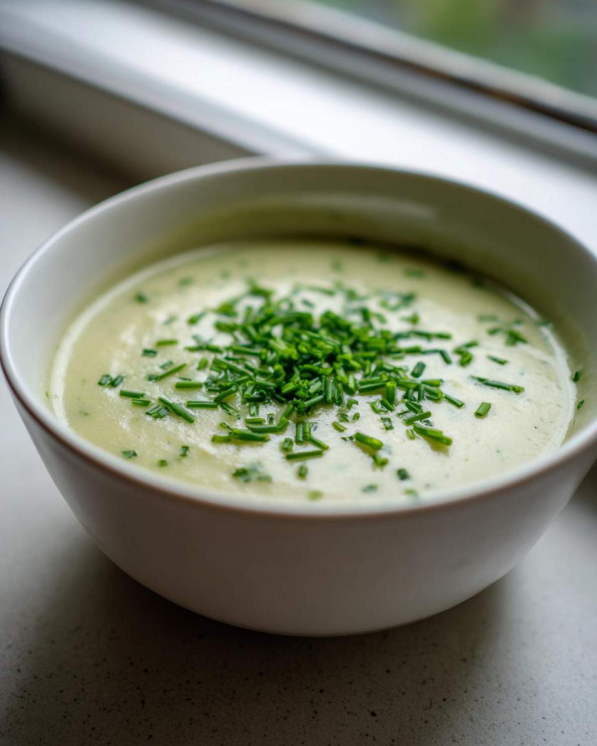 A close-up of a white bowl filled with velvety Creamy Potato Leek Soup, garnished generously with fresh chopped chives.