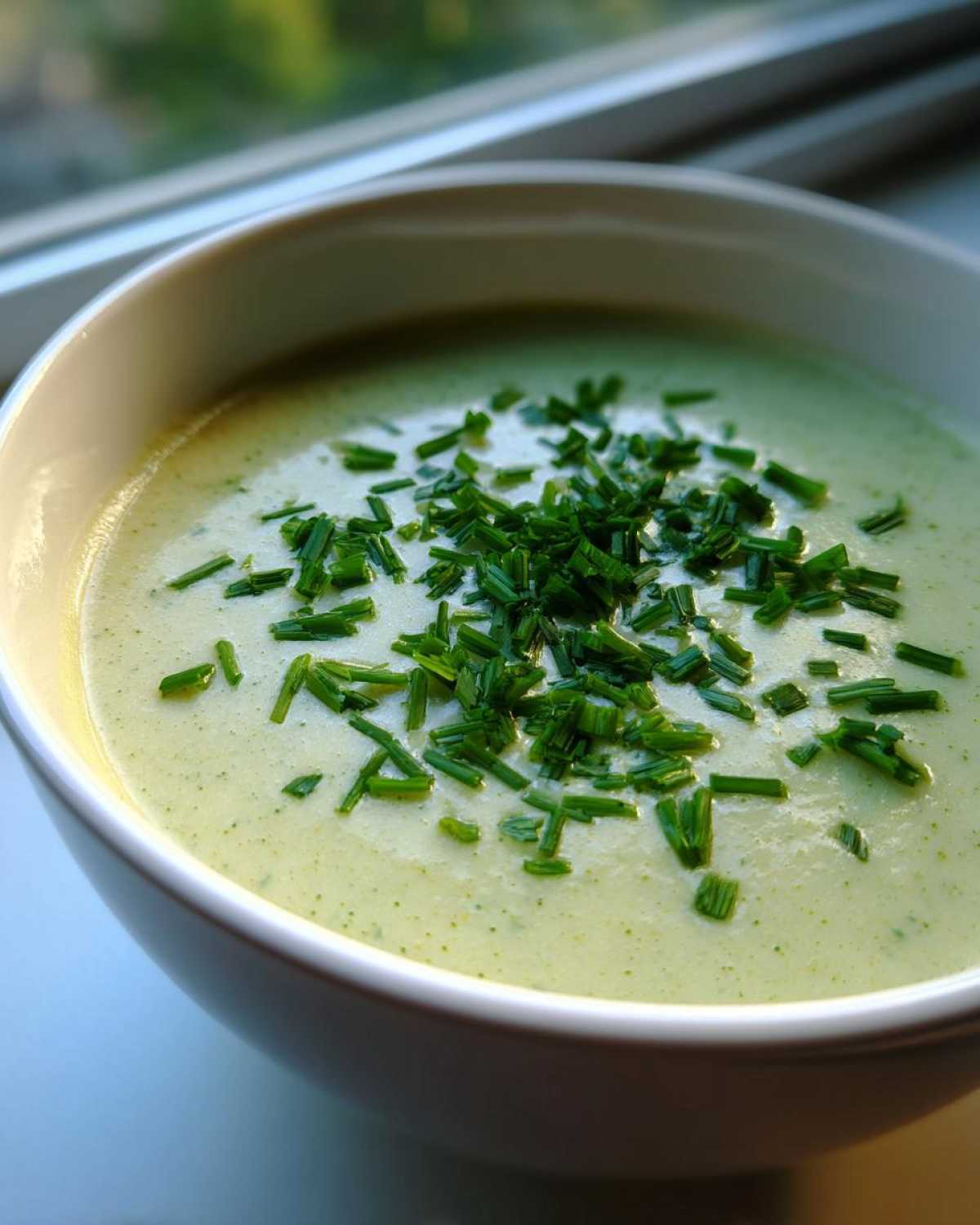 Close-up of a white bowl filled with smooth, light green Creamy Potato Leek Soup, topped with fresh chopped chives.