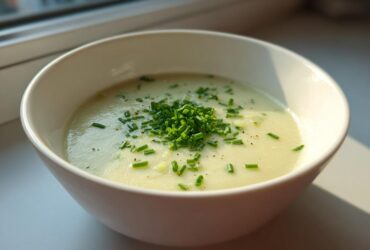 A close-up of a bowl of smooth Creamy Potato Leek Soup topped generously with fresh chopped chives and black pepper.