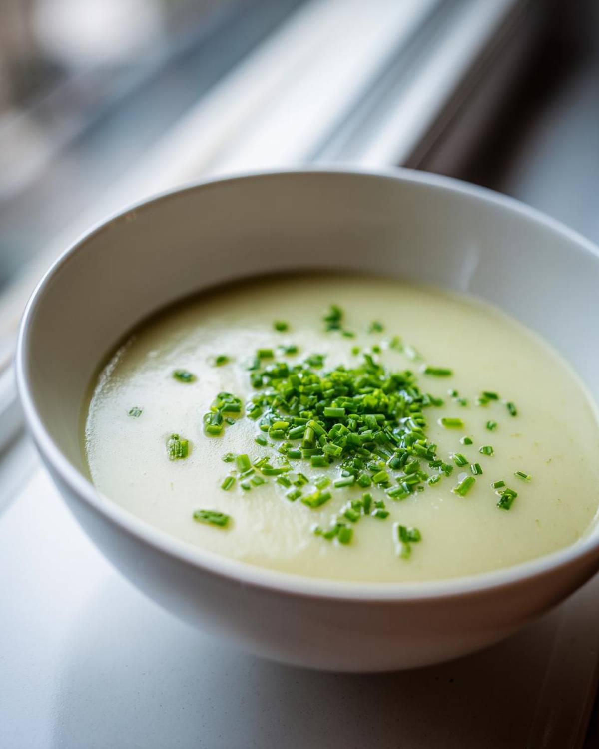 Close-up of a white bowl filled with smooth, creamy potato leek soup, topped generously with fresh chopped chives.