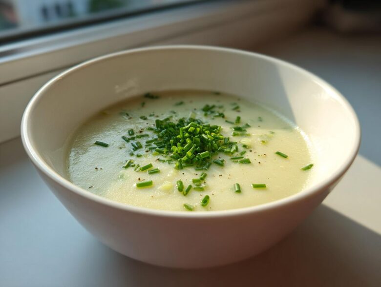 A close-up of a bowl of smooth Creamy Potato Leek Soup topped generously with fresh chopped chives and black pepper.