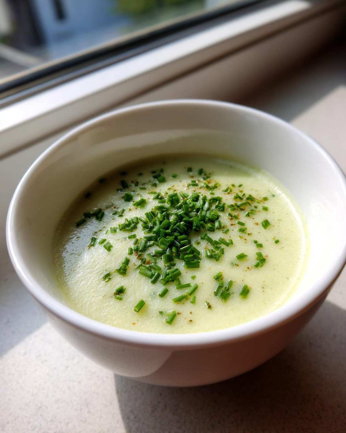 A white bowl filled with smooth, light green Creamy Potato Leek Soup, topped generously with fresh chopped chives.