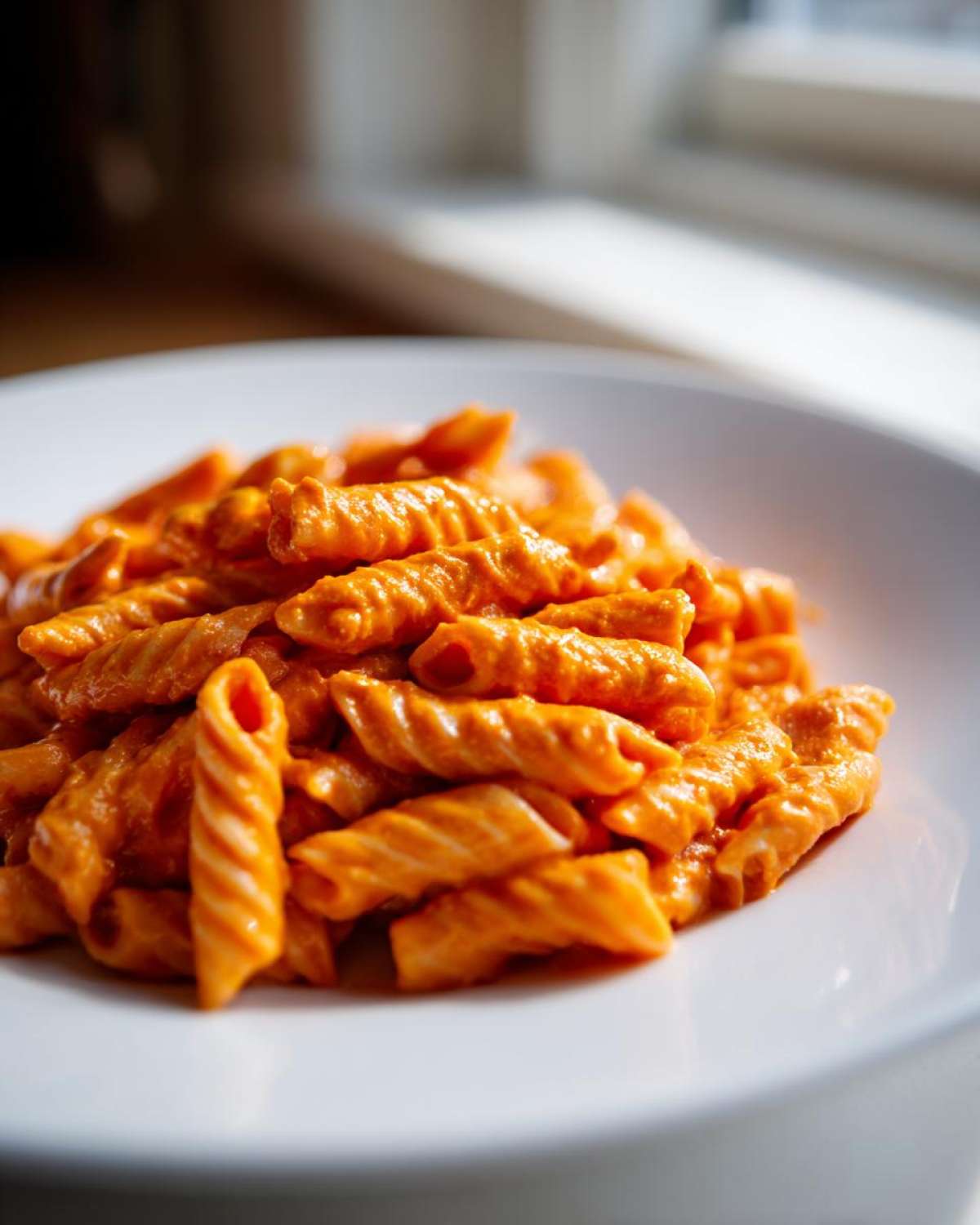 A close-up shot of ridged pasta coated in vibrant orange Creamy Roasted Red Pepper Pasta sauce on a white plate.