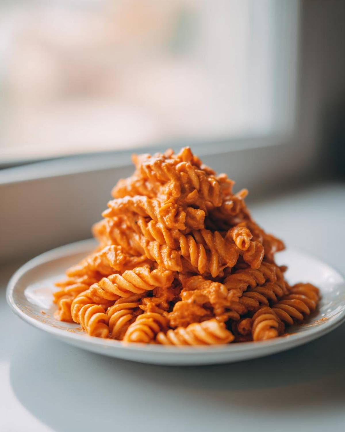 A tall mound of fusilli pasta coated in vibrant orange Creamy Roasted Red Pepper Pasta sauce on a white plate.
