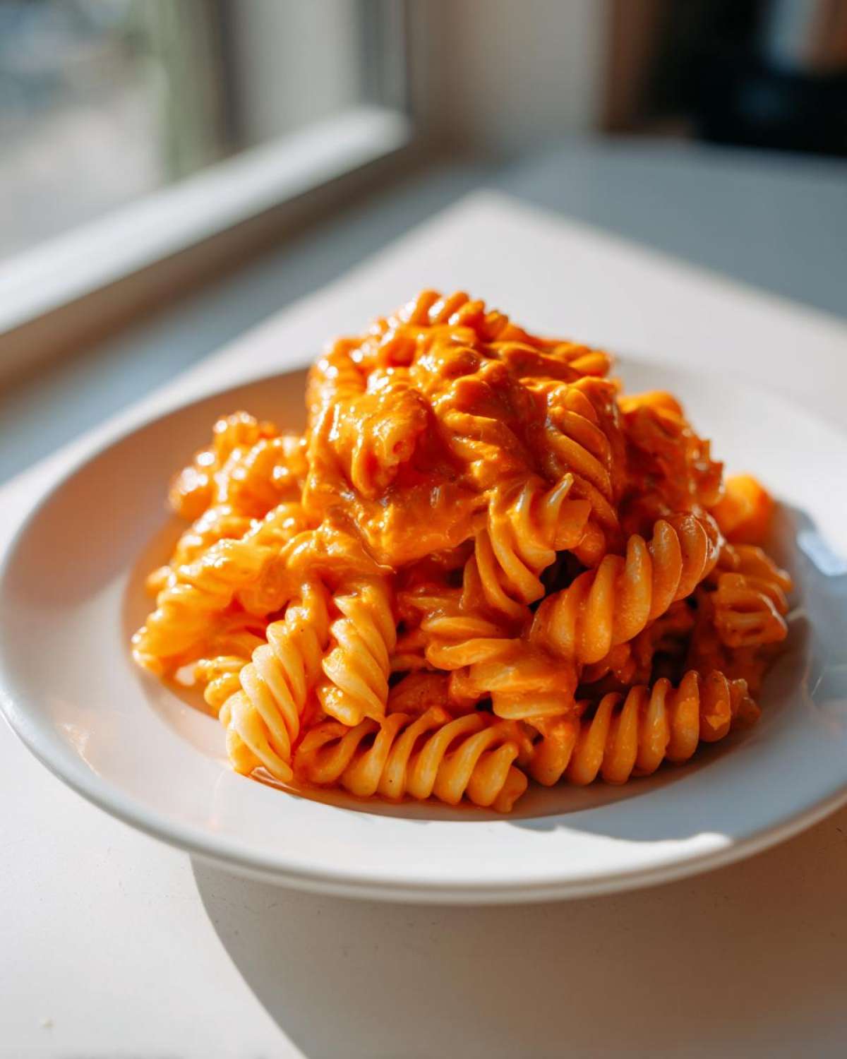 A close-up of fusilli pasta generously coated in bright orange Creamy Roasted Red Pepper Pasta sauce, served on a white plate.