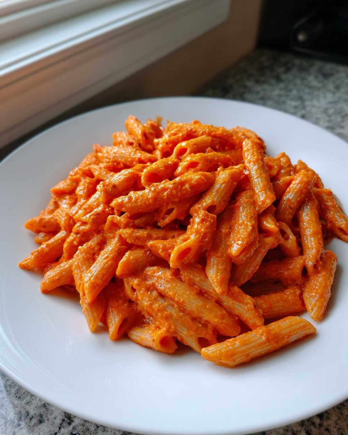 A close-up of penne pasta coated generously in bright orange Creamy Roasted Red Pepper Pasta sauce on a white plate.