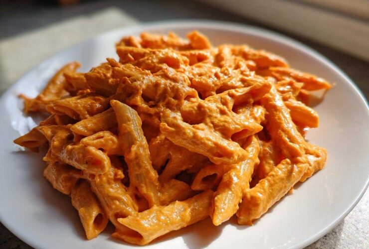 A serving of vibrant orange Creamy Roasted Red Pepper Pasta tossed with penne noodles, presented on a white plate.