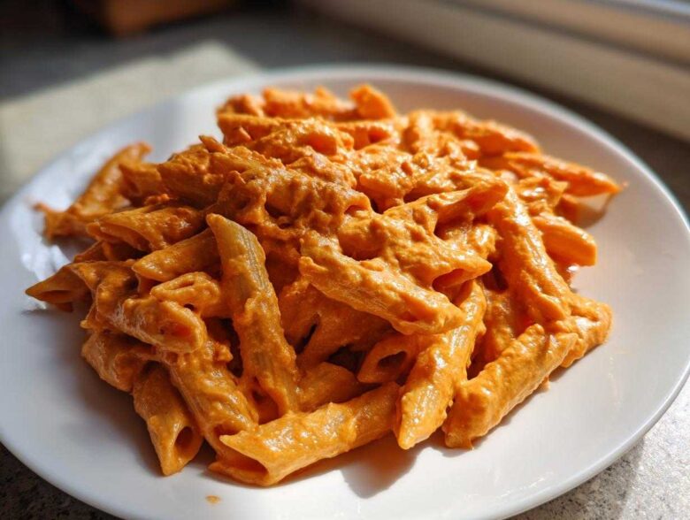 A serving of vibrant orange Creamy Roasted Red Pepper Pasta tossed with penne noodles, presented on a white plate.