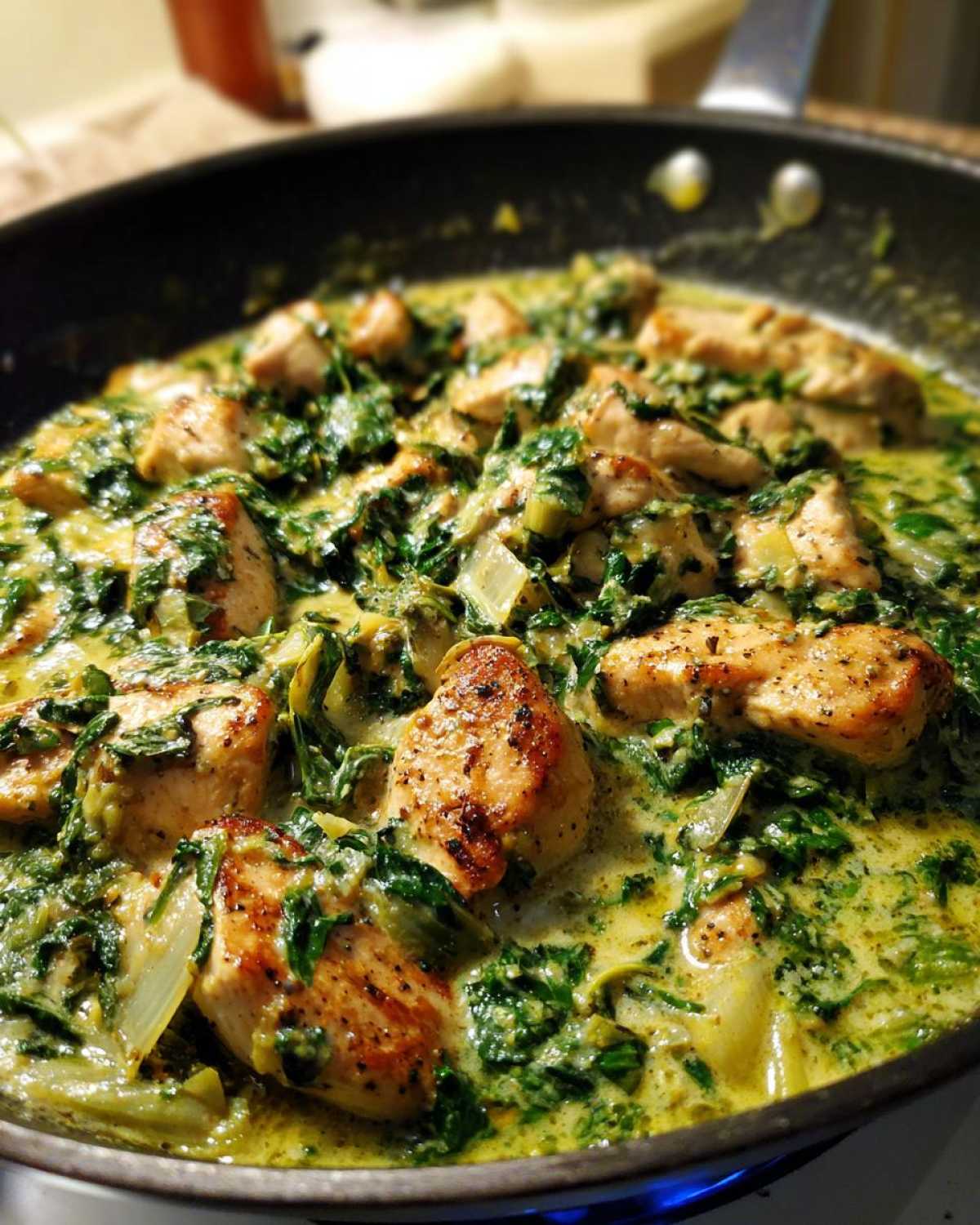 Close-up of seared chicken pieces simmering in a creamy spinach artichoke sauce in a skillet.