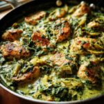 Close-up of seared chicken pieces simmering in a rich, creamy spinach artichoke sauce in a skillet.