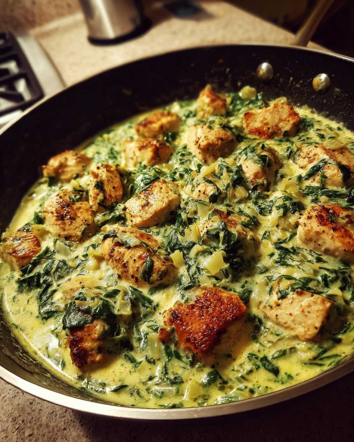 Close-up of seared chicken pieces simmering in a rich, creamy spinach artichoke sauce in a black skillet.