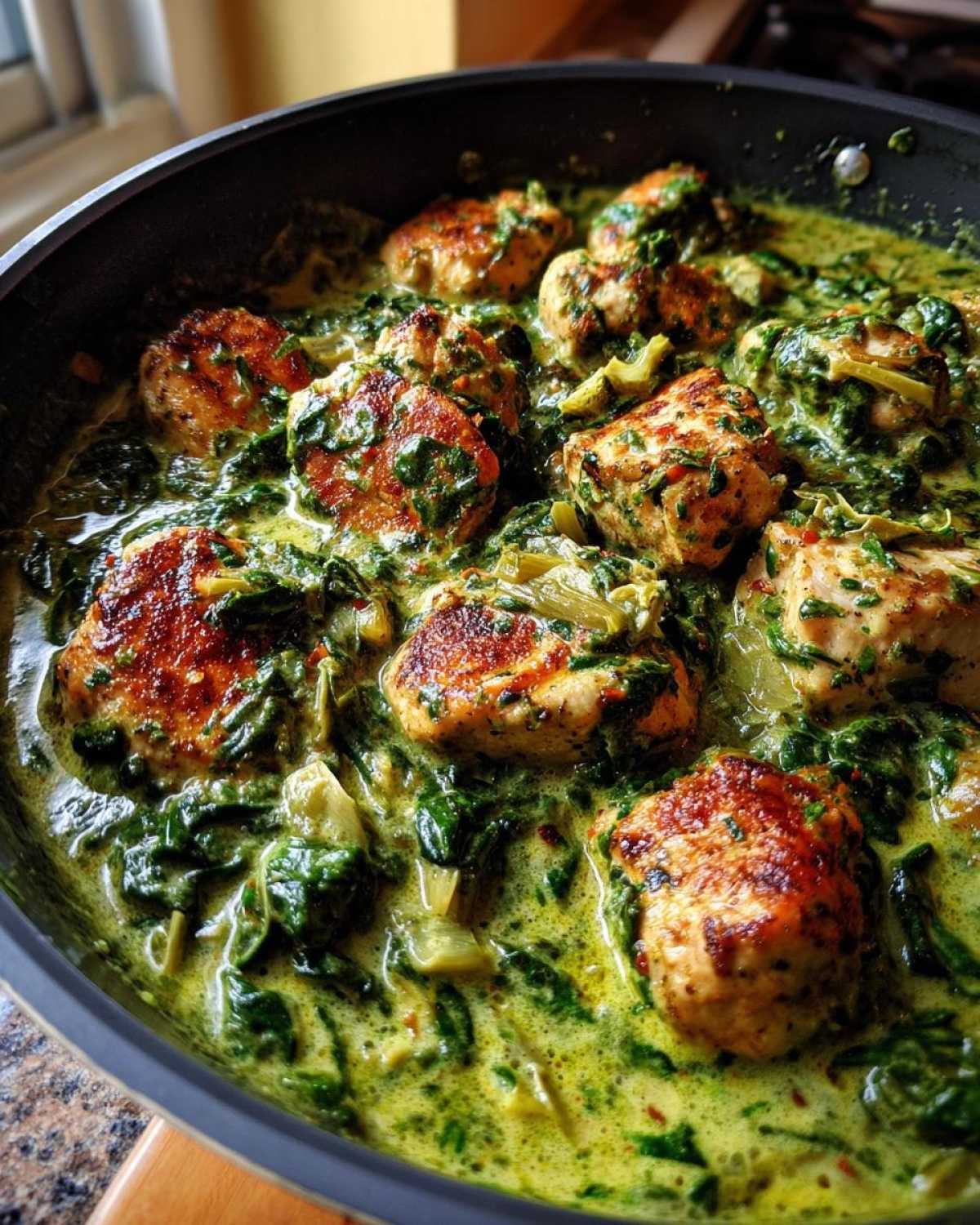 Close-up of seared chicken pieces simmering in a rich, green Creamy Spinach Artichoke Chicken Skillet sauce.