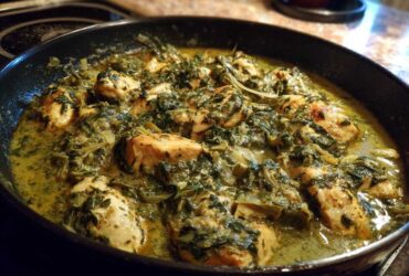 Close-up of seared chicken pieces simmering in a rich, creamy spinach artichoke sauce in a black skillet.