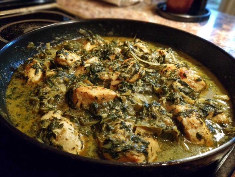 Close-up of seared chicken pieces simmering in a rich, creamy spinach artichoke sauce in a black skillet.