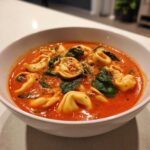 A close-up of a white bowl filled with rich Creamy Tomato Tortellini Soup, featuring tortellini pasta, wilted spinach, and grated cheese.