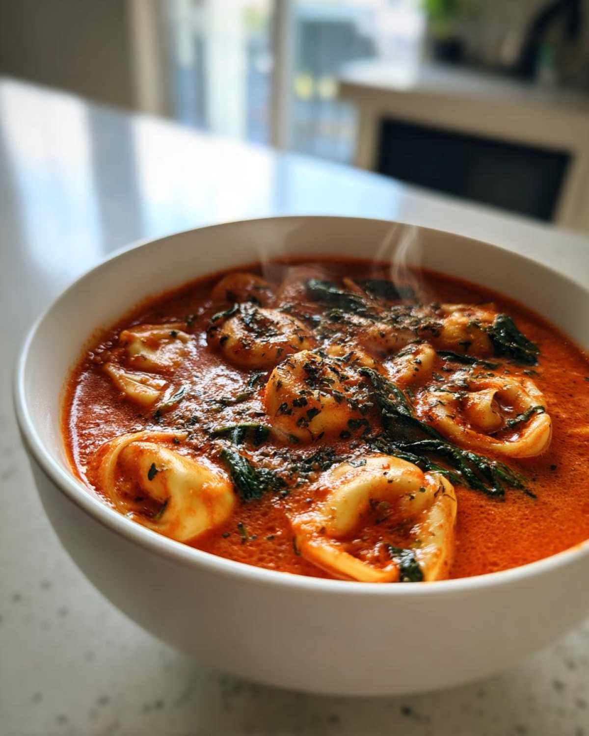 Close-up of a steaming white bowl filled with rich Creamy Tomato Tortellini Soup, topped with spinach and herbs.