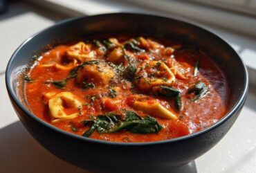 A close-up of a dark bowl filled with rich, creamy tomato tortellini soup, featuring spinach and herbs.