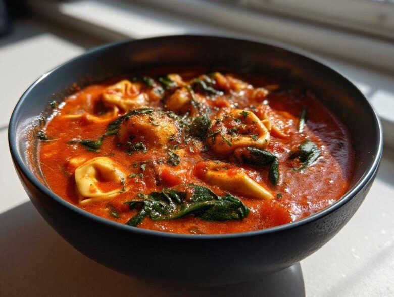 A close-up of a dark bowl filled with rich, creamy tomato tortellini soup, featuring spinach and herbs.