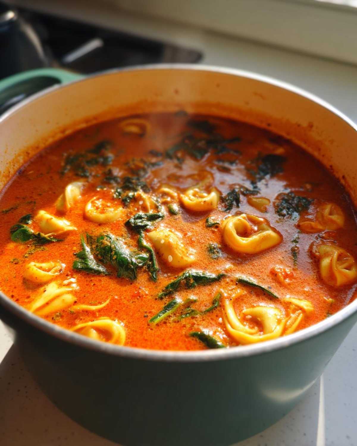 Close-up of steaming Creamy Tomato Tortellini Soup with spinach cooking in a large pot.