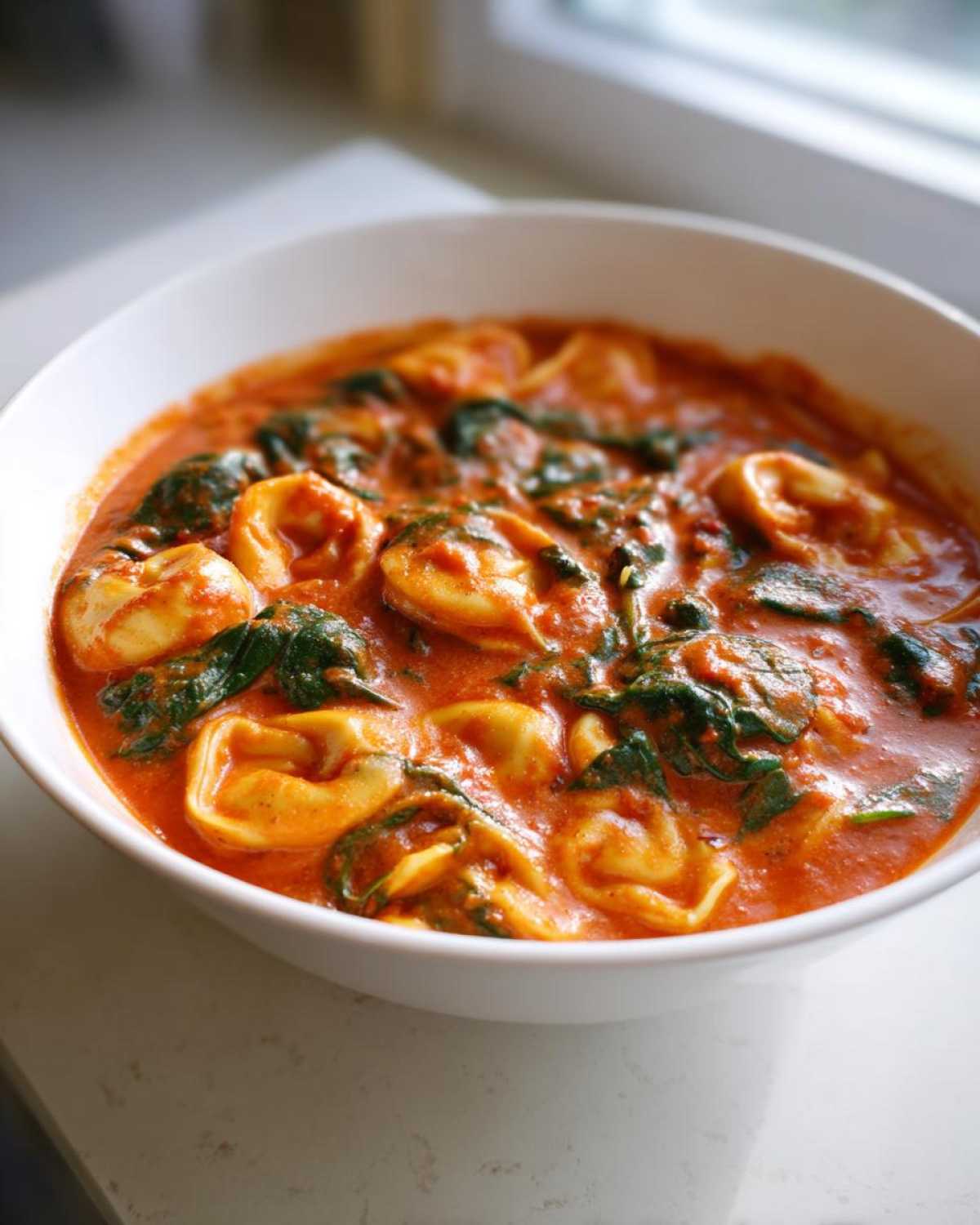 A close-up of a white bowl filled with rich, creamy tomato tortellini soup mixed with wilted spinach.