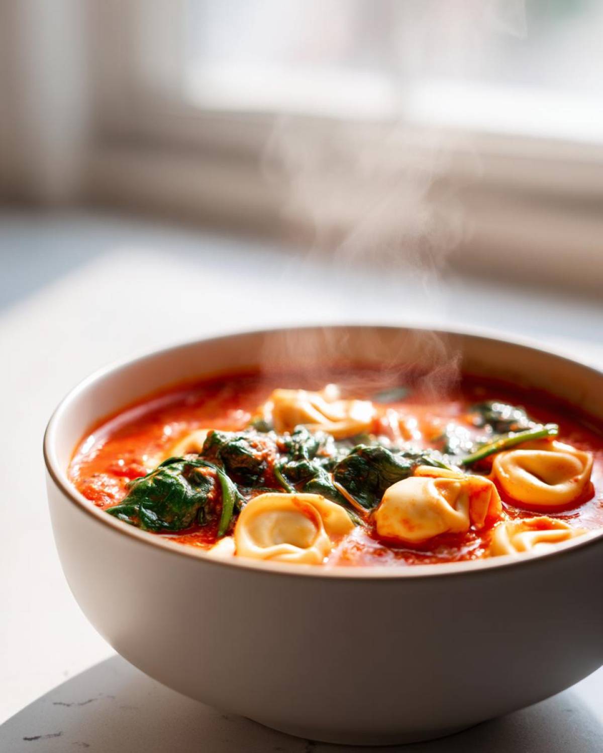 Close-up of a steaming bowl of Creamy Tomato Tortellini Soup with spinach and cheese tortellini.