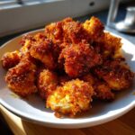 A pile of golden-brown, crispy air fryer cauliflower wings served in a white bowl.