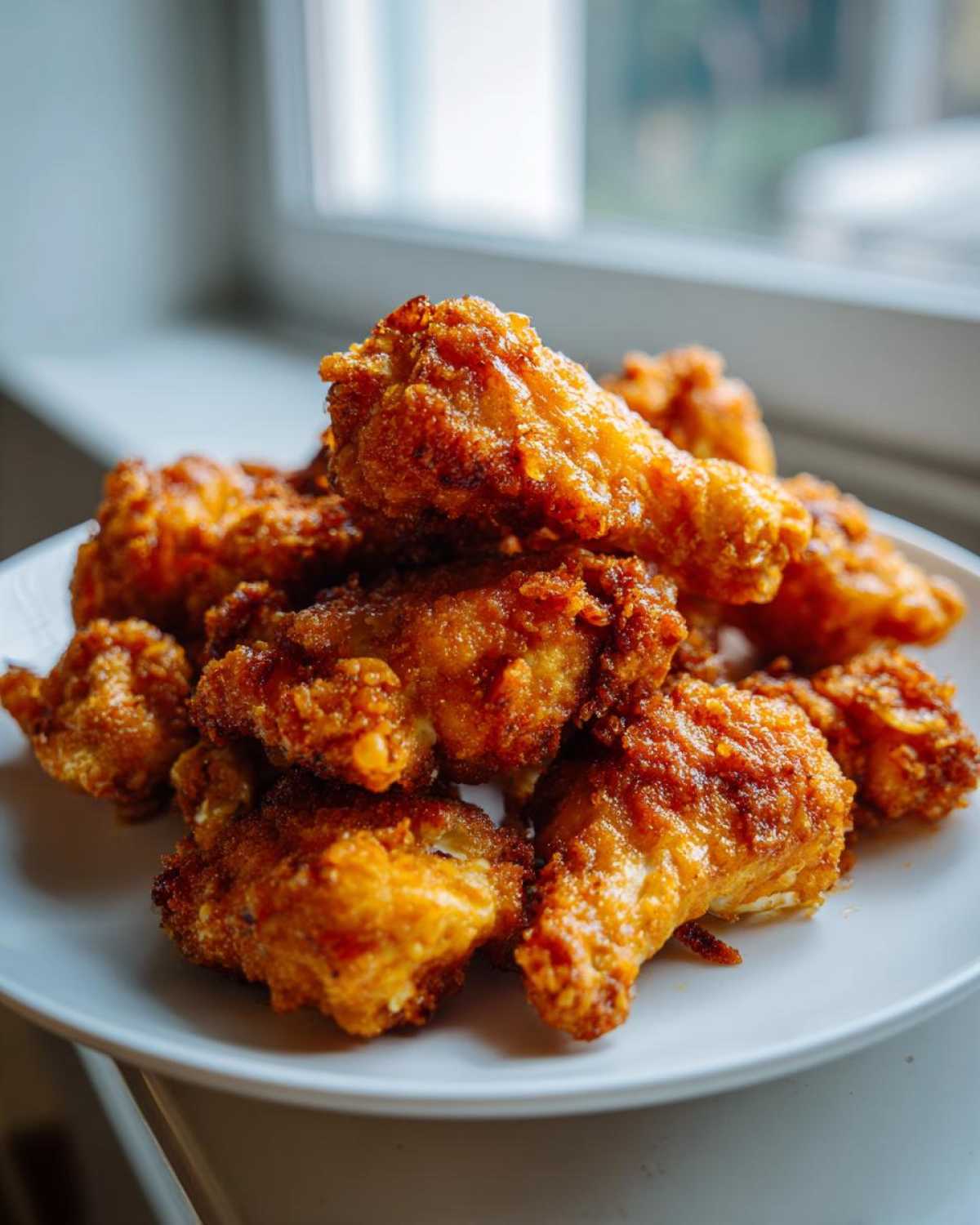 A close-up of golden brown, crispy air fryer cauliflower wings piled high on a white plate.