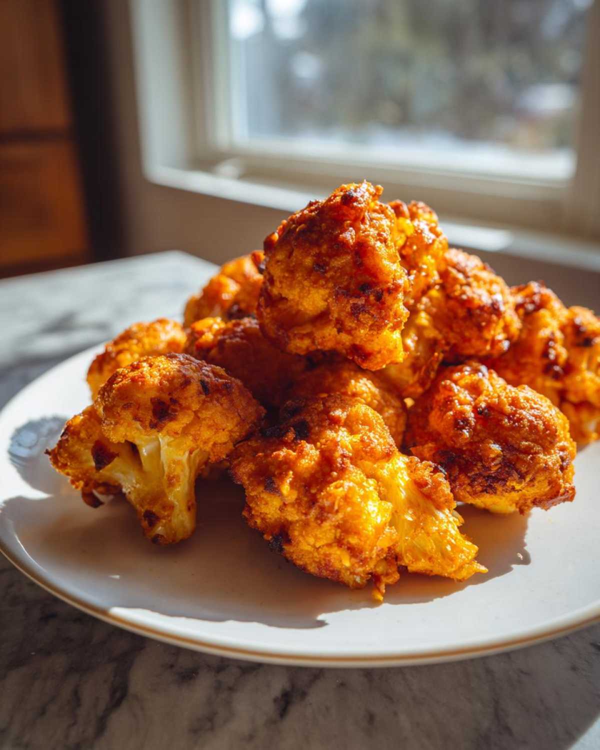 A pile of golden brown, crispy air fryer cauliflower wings served on a white plate near a sunlit window.