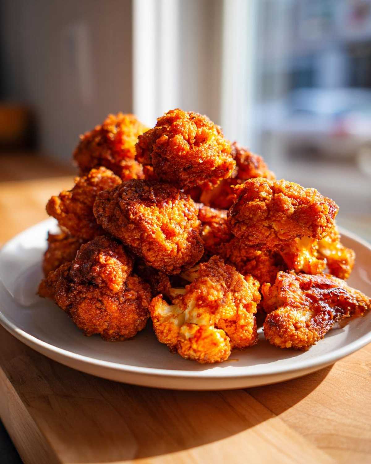 A close-up, sunlit photo of a mound of golden-orange Crispy Air Fryer Cauliflower Wings piled high on a white plate.