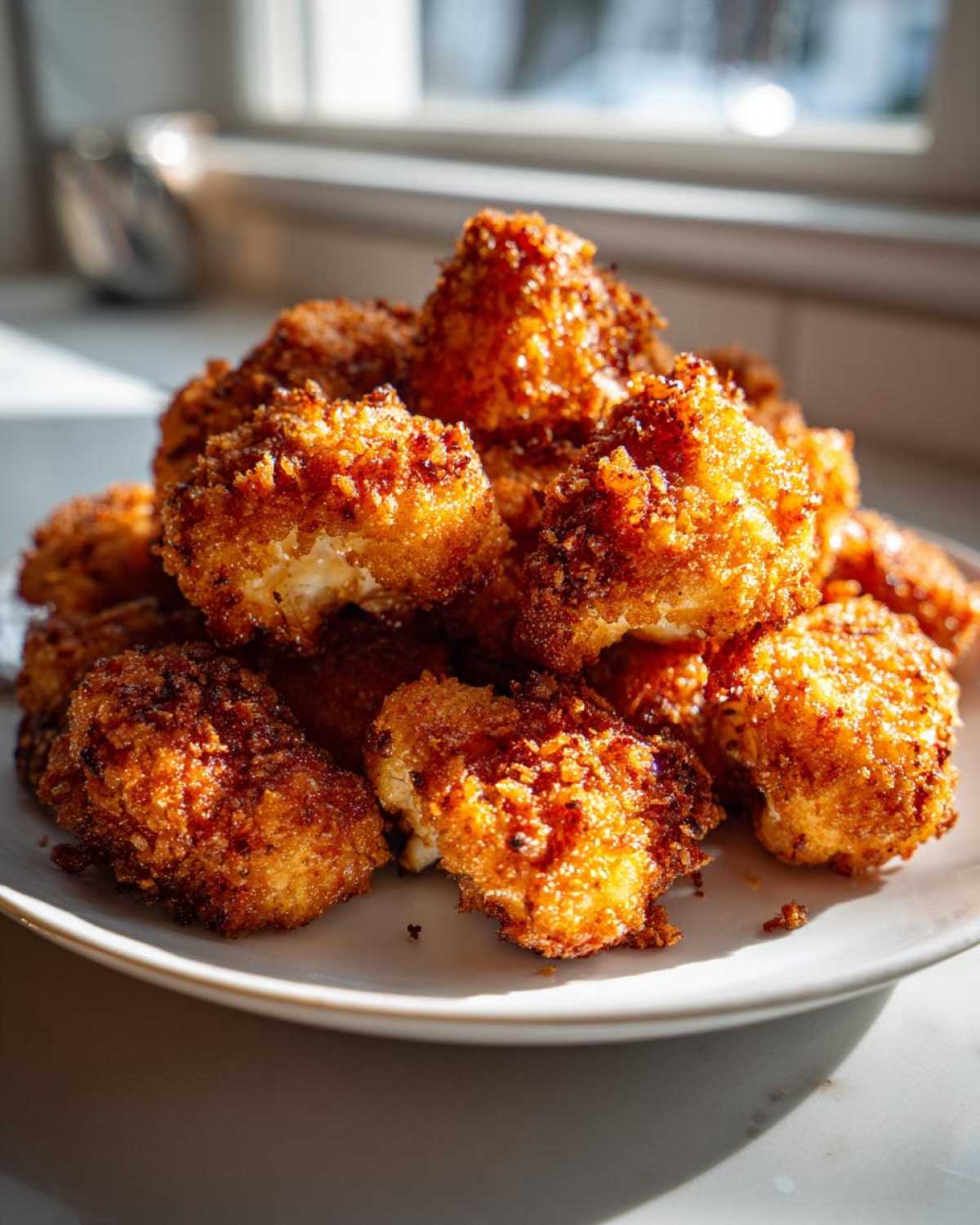 A close-up pile of golden brown, crispy air fryer cauliflower wings stacked on a white plate.