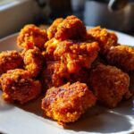 A pile of golden brown, crispy air fryer cauliflower wings served on a white plate under bright sunlight.