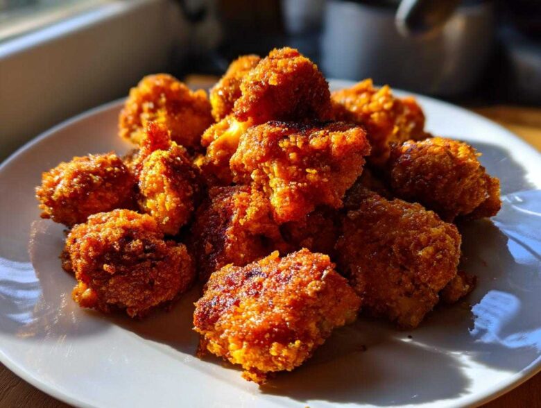 A pile of golden brown, crispy air fryer cauliflower wings served on a white plate under bright sunlight.