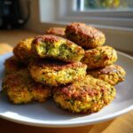 A stack of golden brown, crispy air fryer falafel, with one broken open showing the green herb interior.