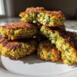 Close-up of several golden-brown, crispy air fryer falafel stacked on a white plate, showing the bright green interior texture.