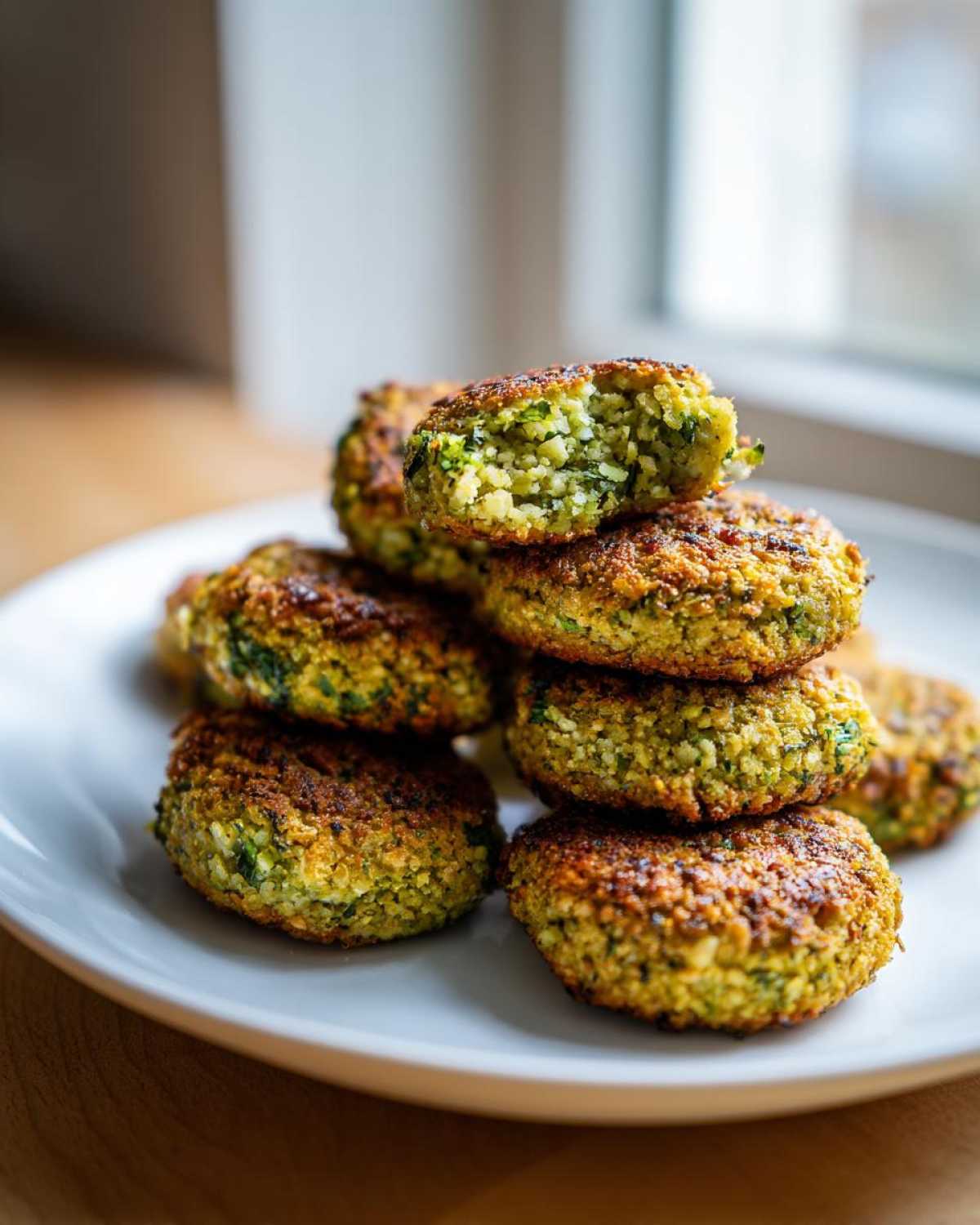 A stack of golden brown, crispy air fryer falafel on a white plate, with one falafel broken open showing the green interior.