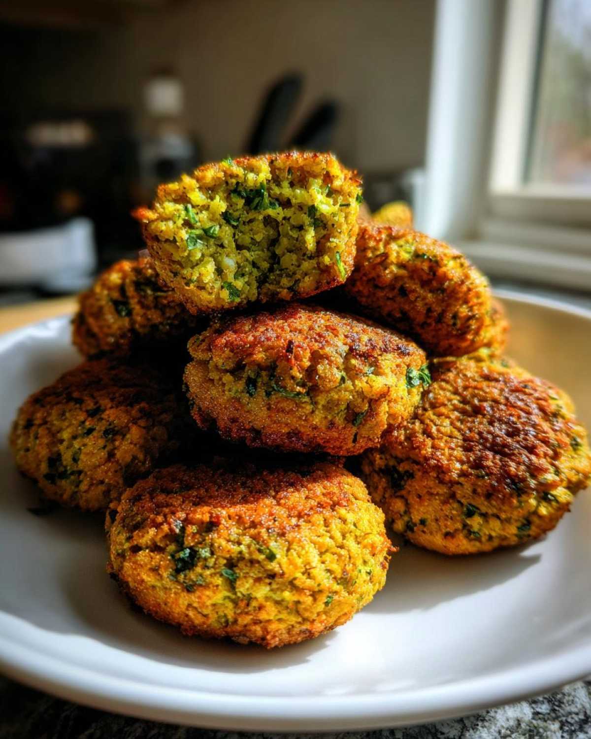 A stack of golden brown, crispy air fryer falafel, with one piece cut in half showing the bright green herby interior.