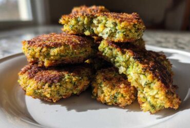 Close-up of several golden-brown, crispy air fryer falafel stacked on a white plate, showing the bright green interior texture.