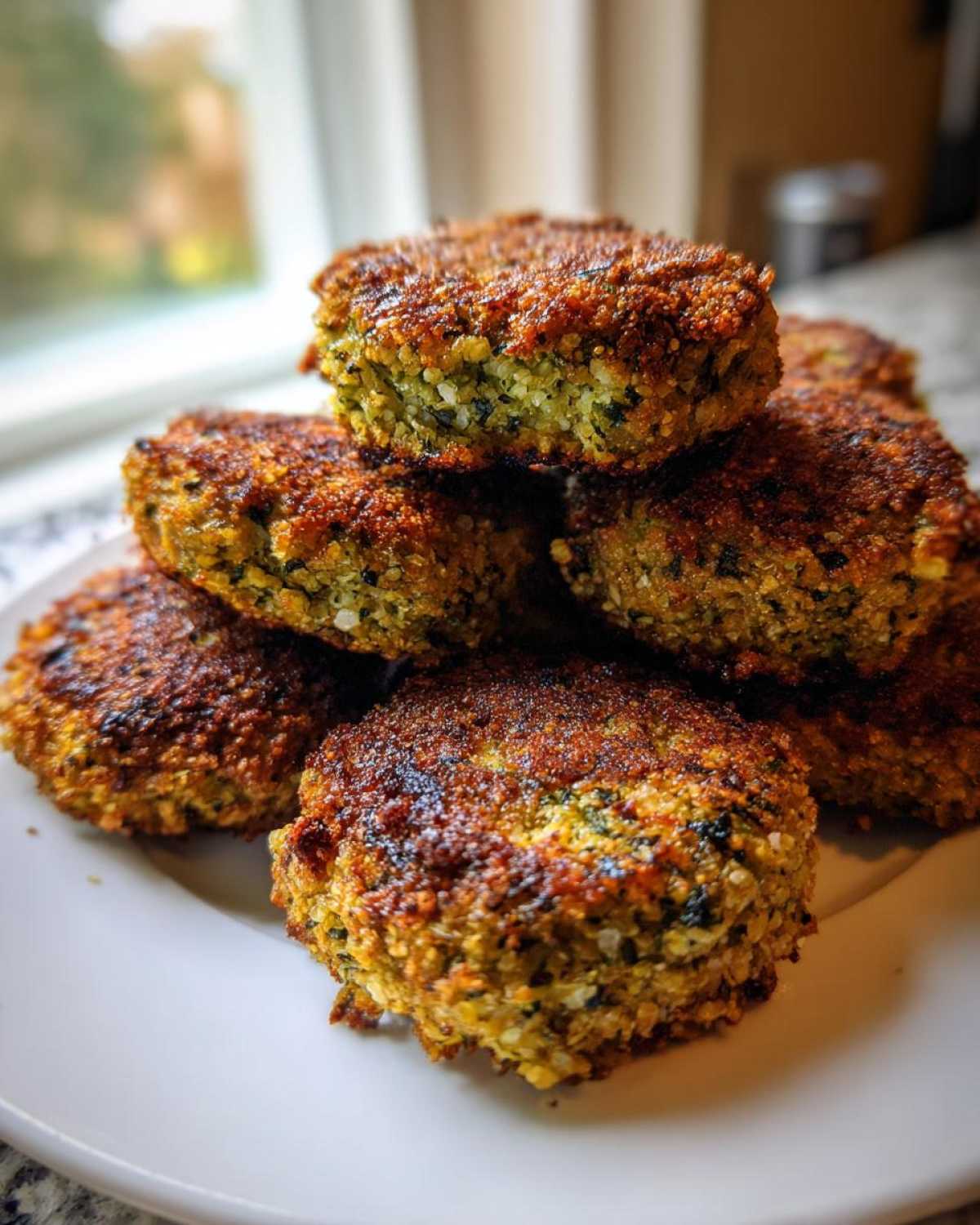 A stack of golden brown, crispy air fryer falafel patties piled high on a white plate.