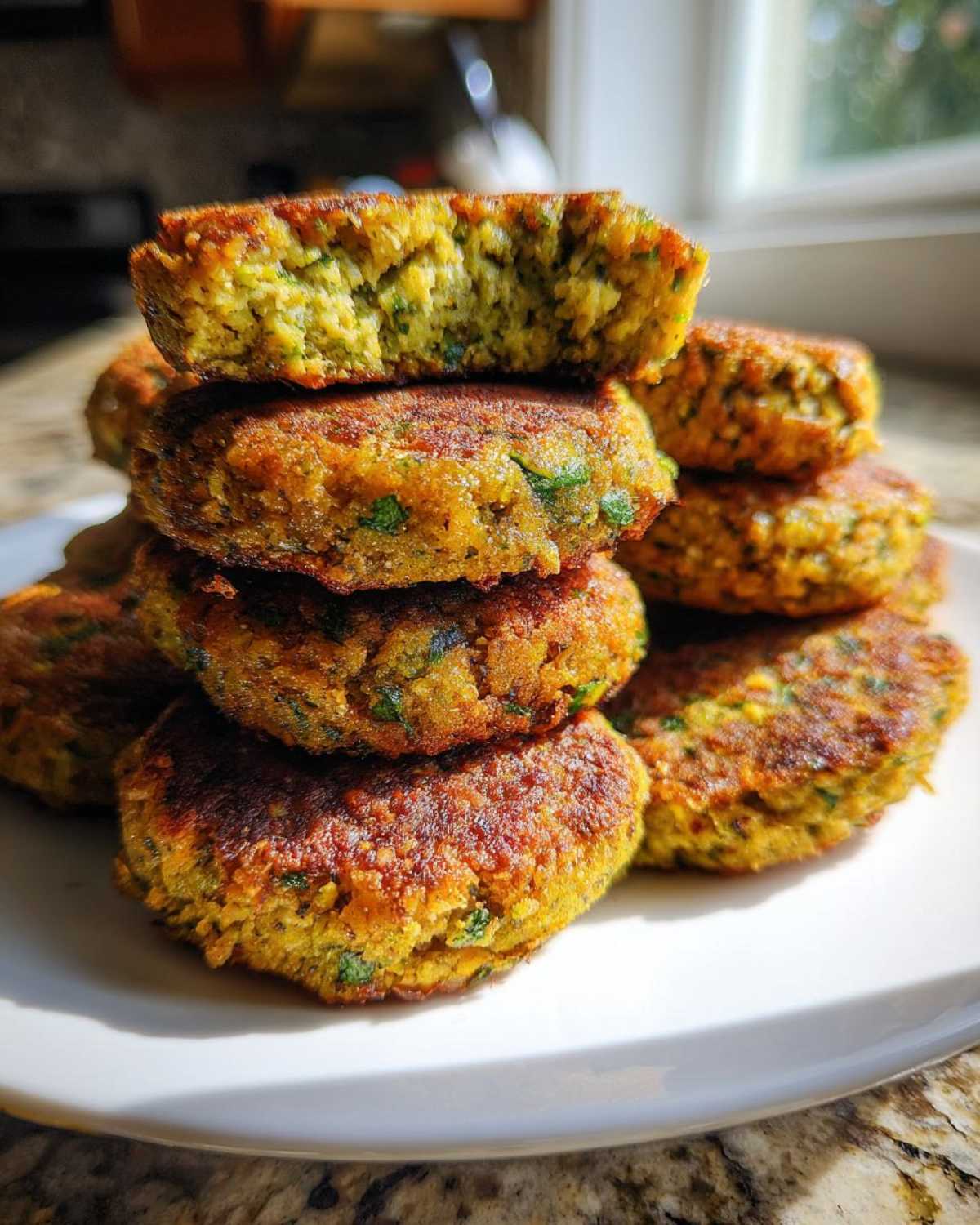 A stack of golden brown, crispy air fryer falafel patties, with one broken open showing the green interior.