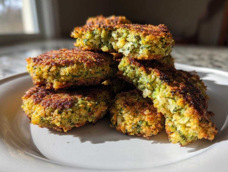 Close-up of several golden-brown, crispy air fryer falafel stacked on a white plate, showing the bright green interior texture.