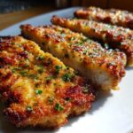 Close-up of four golden-brown, juicy Crispy Air Fryer Pork Chops, sliced and sprinkled with parsley.