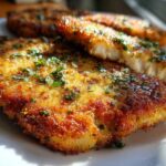 Close-up of golden brown, crispy air fryer pork chops topped with fresh green herbs.
