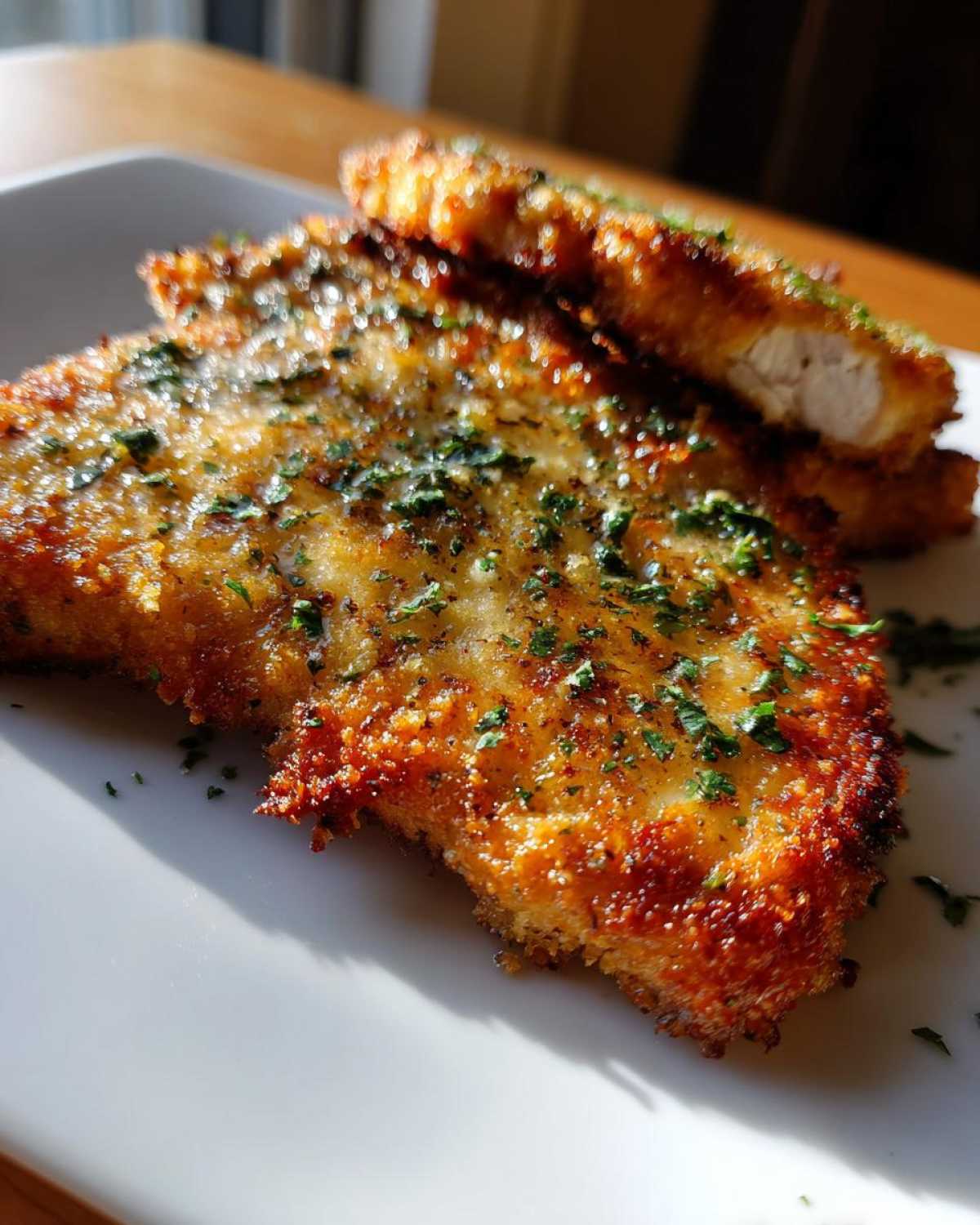 Close-up of golden brown, crispy air fryer pork chops topped with fresh parsley.