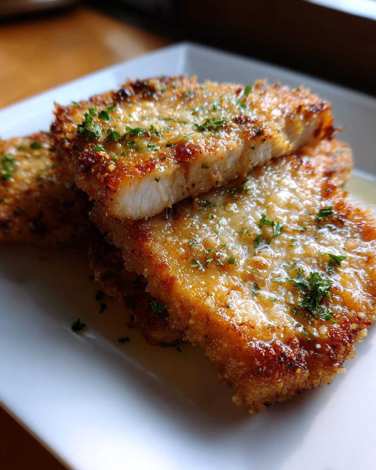 Close-up of two Crispy Air Fryer Pork Chops stacked, drizzled with garlic butter and topped with parsley.