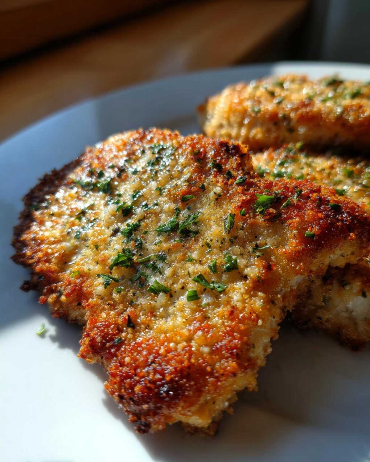 Close-up of a golden brown, crispy air fryer pork chop topped with garlic butter and fresh parsley.