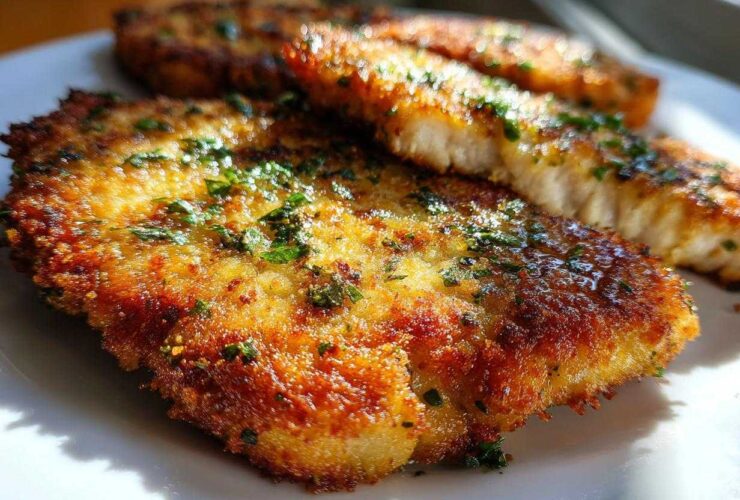 Close-up of golden brown, crispy air fryer pork chops topped with fresh green herbs.
